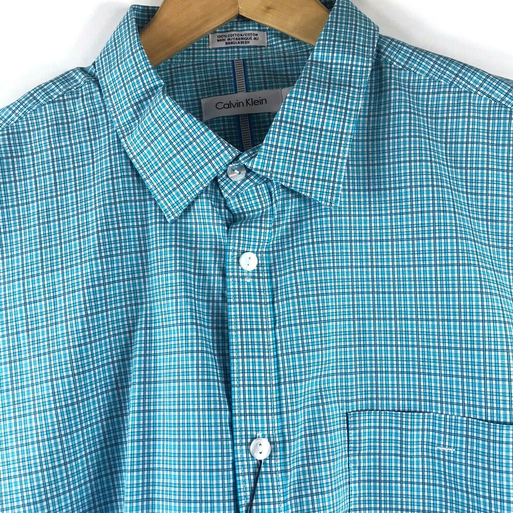 CALVIN KLEIN Transitional Mens LS Aqua Plaid 100% Cotton Shirt Sz Large $79.50